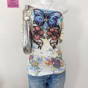 y2k rhinestone mcbling butterfly graphic tee